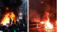 توضیح تصویر، دو تصویر از اعتراضات دی ماه ۱۴۰۴ ایران (راست) و اعتراضات پاریس در مهر ۱۴۰۵ (چپ)
